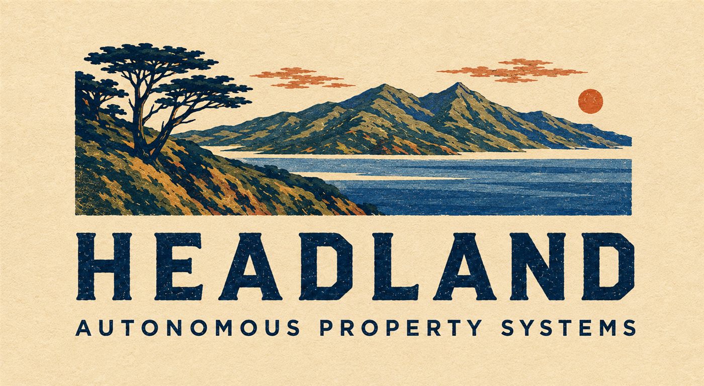 Headland: the Marin headlands over the bay, painted in the vintage parks style, with the words Headland, autonomous property systems