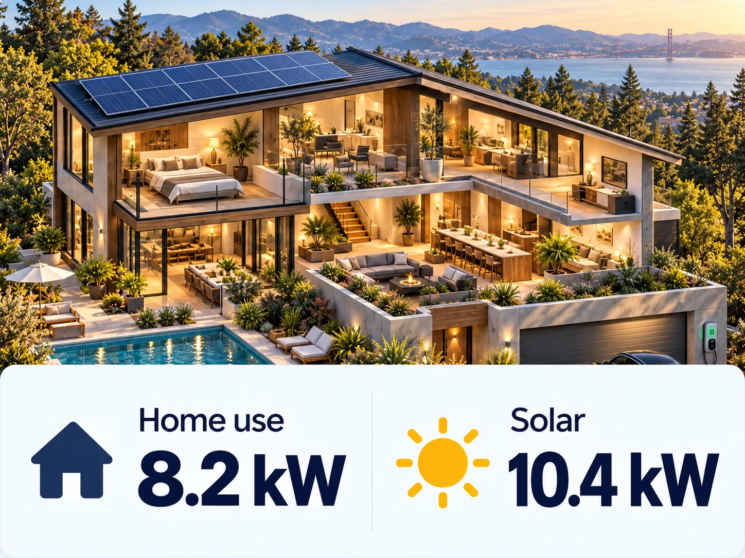 Illustrative home app showing a solar-powered house with home energy use and solar production readings.