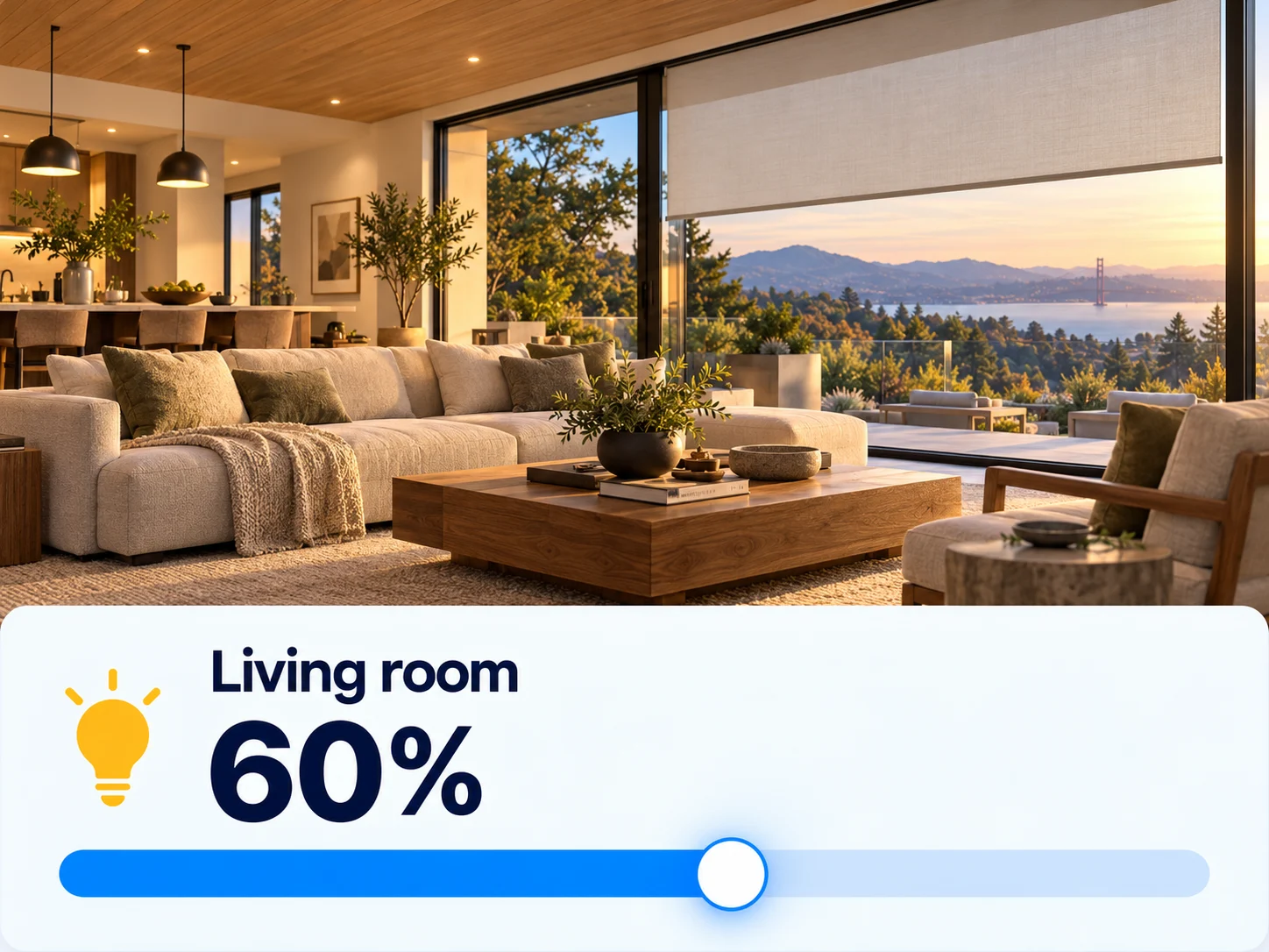Illustrative home app showing a warmly lit living room, shades and a dimmer set to 60 percent.