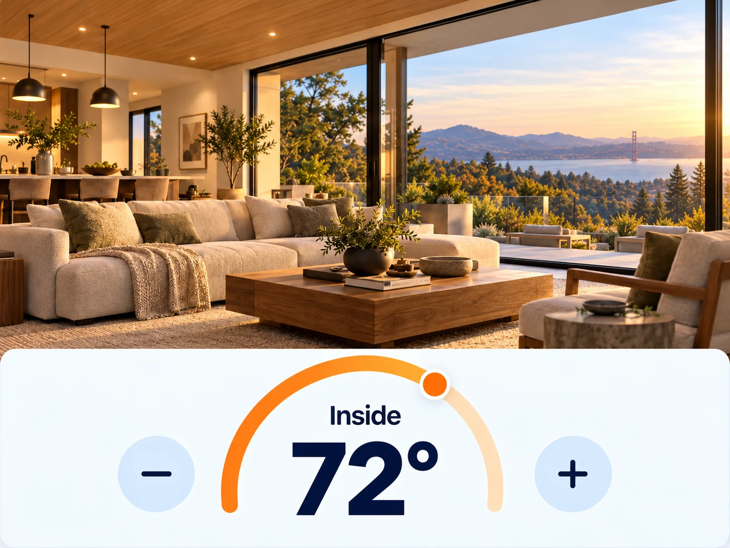 Illustrative home app showing a living room and a thermostat set to 72 degrees.